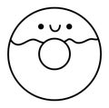 Vector black and white kawaii donut icon with icing. Line dessert clipart. Cute outline dessert illustration. Funny coloring page