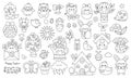 Vector black and white kawaii Easter clipart set for kids. Cute cartoon characters. Traditional line symbols collection with bunny