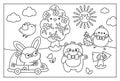 Vector black and white kawaii Easter scene with bunny on a car and chick with basket. Spring cartoon line illustration. Cute Royalty Free Stock Photo