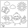 Vector black and white kawaii Easter scene with chick and basket. Spring cartoon line illustration. Cute holiday egg hunt coloring Royalty Free Stock Photo