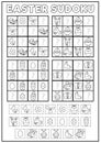 Vector black and white kawaii Easter sudoku puzzle for kids. Simple spring holiday quiz with cut and glue elements. Garden line