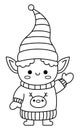 Vector black and white kawaii elf in hat, mittens and sweater. Cute Christmas character illustration isolated on white. New Year