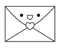 Vector black and white kawaii envelope sealed with heart icon. Line letter isolated clipart. Cute message outline illustration.