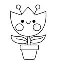 Vector black and white kawaii flower pot with tulip icon for kids. Cute line Easter symbol illustration or coloring page. Funny