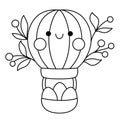 Vector black and white kawaii flying hot air balloon icon for kids. Cute Easter symbol illustration with basket, flowers and eggs Royalty Free Stock Photo