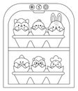 Vector black and white kawaii fridge with egg packaging and hatching animals inside. Easter illustration with cute cat, chick and Royalty Free Stock Photo