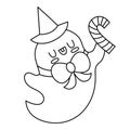 Vector black and white kawaii ghost in hat, bow. Cute Halloween line character for kids. Funny autumn all saints day illustration Royalty Free Stock Photo