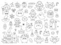 Vector black and white kawaii Halloween clipart set for kids. Cute line Samhain party coloring page. Scary collection with jack-o- Royalty Free Stock Photo