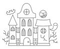 Vector black and white kawaii haunted house. Cute Halloween building for kids. Funny autumn scary line illustration. Samhain party Royalty Free Stock Photo