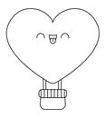 Vector black and white kawaii heart shaped hot air balloon icon. Line air transport isolated clipart. Cute outline illustration. Royalty Free Stock Photo