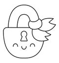 Vector black and white kawaii lock with ribbon. Line smiling locker isolated clipart. Cute outline illustration. Funny coloring