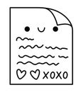 Vector black and white kawaii love letter icon. Line paper sheet isolated clipart. Cute message outline illustration. Funny Saint