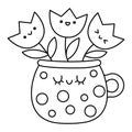 Vector black and white kawaii pot with tulips icon for kids. Cute line Easter symbol illustration or coloring page. Funny cartoon