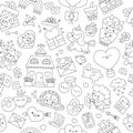 Vector black and white kawaii Saint Valentine seamless pattern for kids. Cute cartoon line repeat background. Love holiday symbols