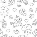 Vector black and white kawaii Saint Valentine seamless pattern for kids. Cute cartoon line repeat background. Love holiday symbols