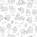 Vector black and white kawaii Saint Valentine seamless pattern for kids. Cute cartoon line repeat background. Love holiday symbols