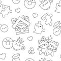 Vector black and white kawaii Saint Valentine seamless pattern for kids. Cute cartoon line repeat background with perfect match