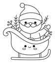 Vector black and white kawaii Santa Claus on sledge. Cute Father Frost illustration isolated on white. Christmas, winter or New