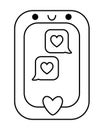 Vector black and white kawaii smartphone icon with messages and hearts. Cute line handy or mobile phone illustration. Funny Saint Royalty Free Stock Photo