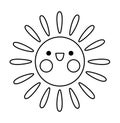 Vector black and white kawaii sun icon for kids. Cute line weather element symbol illustration or coloring page. Funny smiling Royalty Free Stock Photo