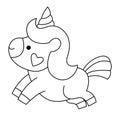 Vector black and white kawaii unicorn icon with heart on his cheek. Line little pony isolated clipart. Cute animal outline