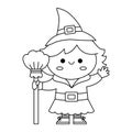 Vector black and white kawaii witch. Cute smiling Halloween line character for kids. Funny autumn all saints day cartoon Royalty Free Stock Photo