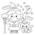 Vector black and white kawaii witch standing with broom and black cat under the half moon and stars. Halloween line scene with Royalty Free Stock Photo