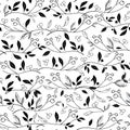 Vector black and white leafs and berries seamless background ornament texture.