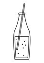 Vector black and white lemonade in glass bottle with straw. Cute sweet drink illustration for card, poster, print design. Outline