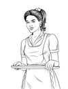 Vector black and white line art illustration of a beautiful waitress with a tray food.