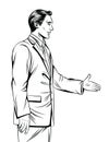 Vector black and white line art illustration of an office man handshake. Royalty Free Stock Photo