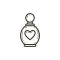 Black and white linear icon of perfume bottle with heart