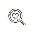 Black and white linear magnifying glass and heart icon