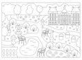 Vector black and white Luxembourg garden in Paris landscape illustration. French capital city park line scene with palace, benches Royalty Free Stock Photo