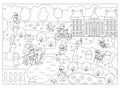 Vector black and white Luxembourg garden in Paris landscape line illustration or coloring page with people and animals. French