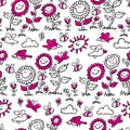 Vector black and white with magenta cartoon sunflowers, birds and bees repeat pattern. Suitable for gift wrap, textile and Royalty Free Stock Photo