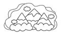 Vector black and white magic mountains landscape. Fairytale world line concept with hills and clouds. Fantasy outdoor outline