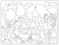 Vector black and white Medieval village landscape with princess and unicorn. Magic kingdom coloring page. Stone and wooden line Royalty Free Stock Photo