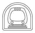 Vector black and white metro train front view. Funny underground line transportation with wagons for kids. Cute subway vehicle