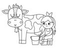 Vector black and white milkmaid icon. Outline farmer girl milking cow. Cute kid doing agricultural work. Rural country scene. Royalty Free Stock Photo