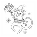 Vector black and white monkey in hat and scarf with gift box and snowflakes. Cute winter animal line illustration with present in Royalty Free Stock Photo