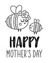 Vector black and white Mothers Day card with cute boho insect. Pre-made line design with bumblebee and mother. Bohemian outline