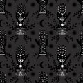 Vector black and white occult witch and magic repeat seamless pattern background. Quiromancy and good luck charms.