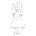 Vector black and white offended girl with crossed arms. Cute outline kid for coloring page isolated on white