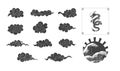 Vector Black and White Oriental Style Decorative Elements, Isolated Illustrations Set, Clouds, Waves and Dragon. Royalty Free Stock Photo