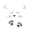 Vector black and white outline drawing sad cat face with paws Royalty Free Stock Photo