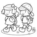 Children walk to school. Student kids walk to school. Vector black and white coloring page.