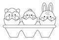 Vector black and white packaging with eggs and hatching kawaii animals. Easter line illustration with cute cat, chick and bunny Royalty Free Stock Photo