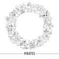 Vector black and white pirate round frame with pirates, ship and animals. Line treasure island border wreath card template. Cute Royalty Free Stock Photo