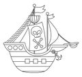 Vector black and white pirate ship icon. Cute sea vessel illustration. Line treasure island hunter boat with sails, scull and Royalty Free Stock Photo